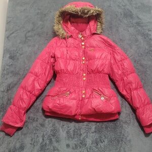 BEBE Cherry Red Quilted Jacket with Faux Fur Trim & Cinched Waist